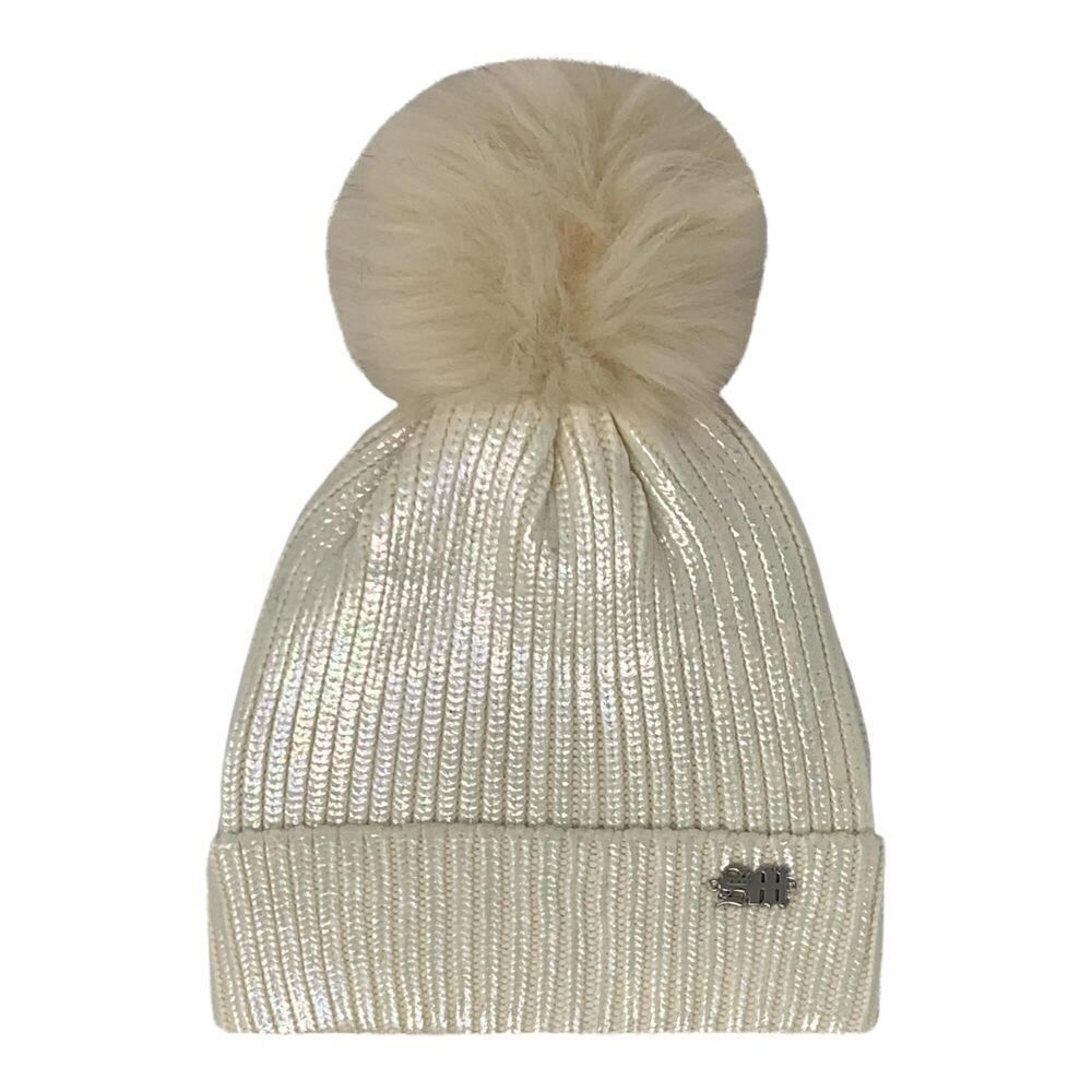 5067 Wide Cuff Space Dye Faux Fur Pom Beanie Iridescent Ivory